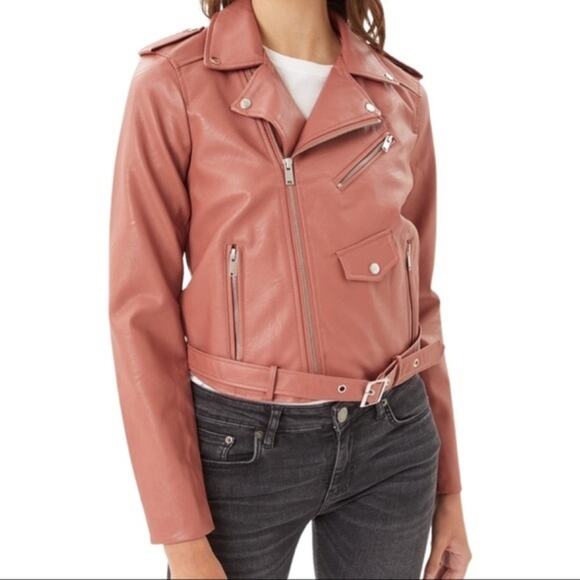 NWT Montrez Moto Jacket Womens M Pink Faux Leather Belted Zipper Edgy Bikercore - Picture 2 of 8